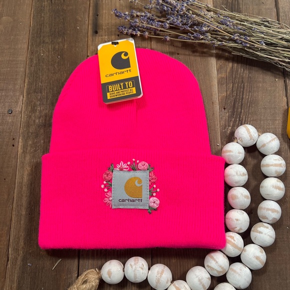 Carhartt Accessories - Hand embroidered bright pink carhartt beanie with pink flowers